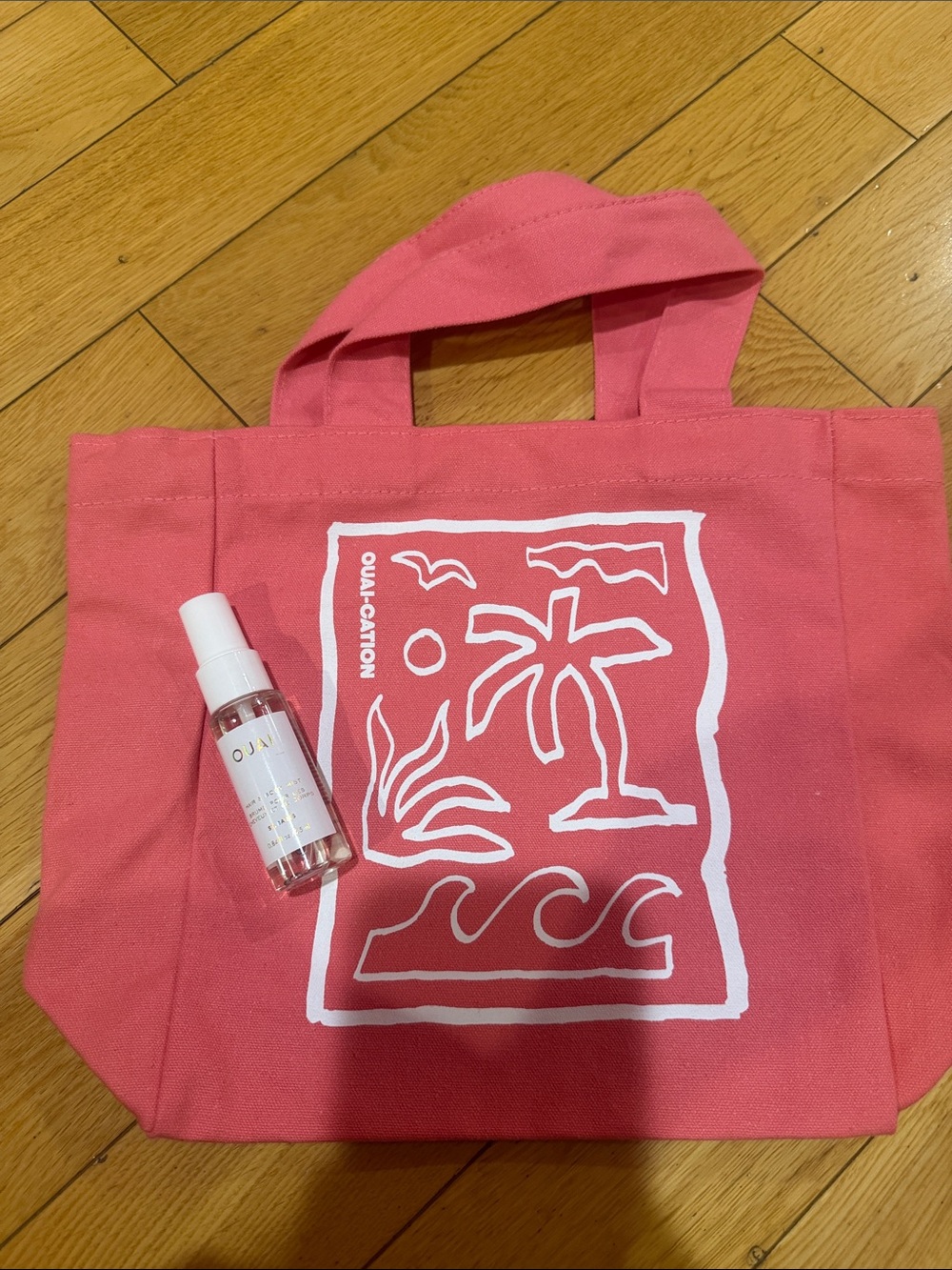 OUAI Pink Canvas Tote with White Beach Graphic